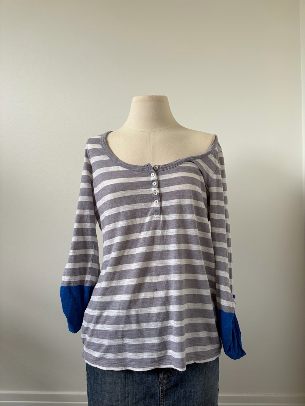 Unlisted Gray and White Striped Henley with Blue Sleeve Accents